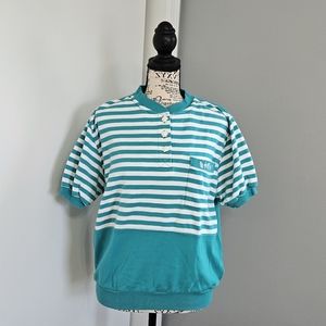 Vintage 80s PreppyTeal & White Striped Seashell Button T-Shirt